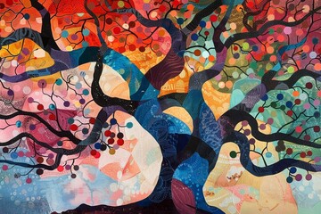 A painting of a tree bursting with different colors, showcasing a unique and striking interpretation of nature, A colorful abstract interpretation of a walnut tree