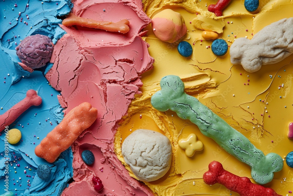 Poster a detailed view of a cake adorned with a variety of colorful frosting, showcasing an array of vibran