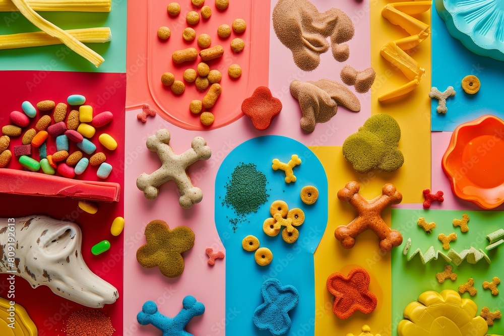 Poster a variety of food items spread out on a table with a range of colors and textures, a colorful abstra