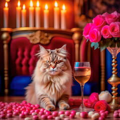 Obraz premium Gorgeous cat in a beautiful interior with a glass of wine. Romance and congratulations