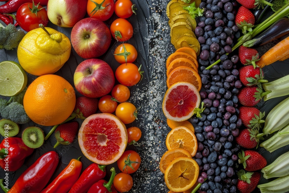 Poster various colorful fruits and vegetables displayed on a table, a colorful abstract representation of a