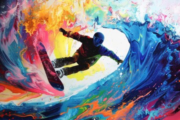 A painting depicting a snowboarder energetically riding a wave of vibrant colors, A colorful abstract representation of the exhilarating feeling of snowboarding