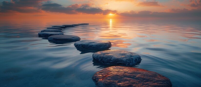 Sunset over a Calm Lake with Stepping Stones