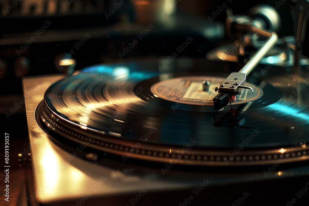 Poster a record player is playing a record labeled ' e.m.e. '