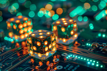 Three dice are sitting on top of a circuit board that says e.t.c.