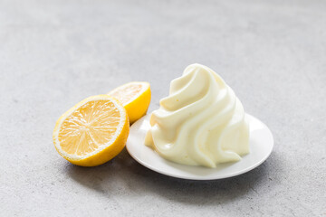 Vegan Lemon cream dessert, Panna Cotta in the form of French Chantilly cream. Close-up