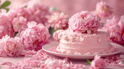   A pink cake sits atop a white plate, surrounded by pink peonies on a pink tablecloth