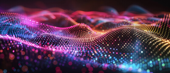 Abstract digital points linked by a vibrant plexus of colors, creating a luminous network on a dark background.