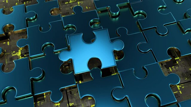 Flip Puzzle gold jigsaw technological 3D Animation. sci fi hud User Interface abstract intro for title logo bg