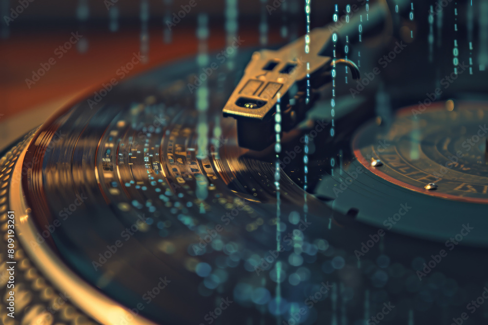Poster a record player is playing a record labeled ' lp '
