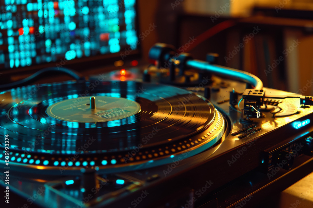 Poster a record player with a record on it that says ' groove ' on it