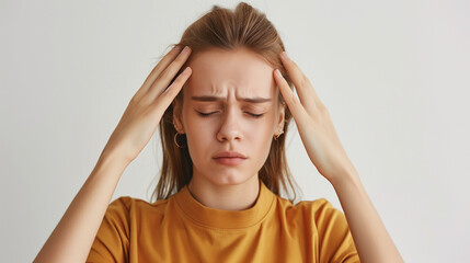 Young Woman Experiencing Headache against White Background, Headache Concept, Adult Female with Head Pain