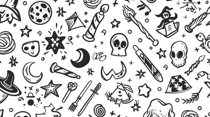 Black and white doodle pattern with space and magical elements. Creative design for textile, wallpaper, and stationery