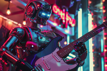 A robot is playing a guitar in front of a neon sign that says oh-ho