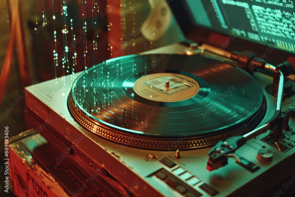 Poster a record player with a record on it that says columbia on it