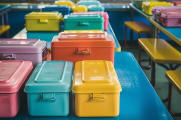 Fototapeta premium Colorful lunch boxes arranged neatly on a blue table in a row, A colorful array of lunch boxes on cafeteria tables