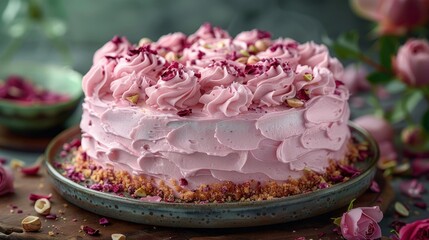 Obraz na płótnie Canvas Pistachio rose cake bake a luxurious pistachio rose cake with layers of pistachio sponge cake AI generated