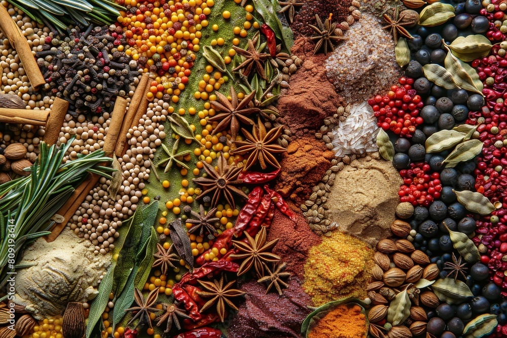 Poster various spices and herbs spread out on a table, showcasing a colorful array of flavors, a colorful a