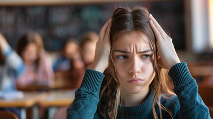 Fototapeta premium Tired High School Student Girl with Headache in Classroom - Student Studying, Education Stress due to Exams
