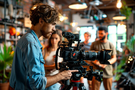 Creative Team of Filmmakers in Vibrant Studio Led by Caucasian Videographer Surrounded by Lighting Gear and Reviewing Production Notes