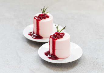 Modern dessert. Pomegranate cream pudding, Panna Cotta cylindrical shape, with Pomegranate sauce. Close up