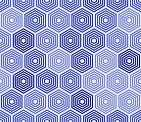 Geometric pattern featuring stacked hexagon mosaic background in indigo color tones. Seamless and tileable vector illustration.