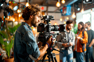 Creative Multicultural Film Crew in Vibrant Studio Led by White Male Videographer with Camera Surrounded by Lights and Colleagues Reviewing Notes