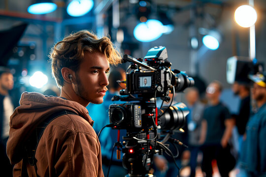 Creative Production Team in a Vibrant Studio Led by a Caucasian Videographer Surrounded by Lighting Gear and Collaborating on Project Plans