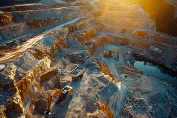 Sunset Construction: Engineers overseeing excavators loading rocks into truck at industrial site discussing real estate project