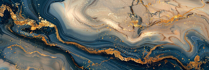 Abstract s beige  midnight blue marble texture with shimmering gold veins resembling a...