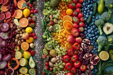 Various fruits and vegetables displayed in a rainbow spectrum of colors, A colorful collage of...