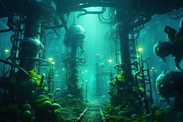 Fototapeta premium Exploring the serene and tranquil underwater fantasy cityscape with futuristic architecture and glowing ambient lighting in a mysterious and ethereal oceanic environment