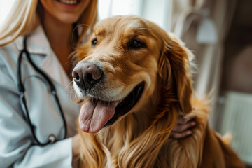 Caring Vet and Happy Golden Retriever: A Beautiful Check-Up at Modern Clinic