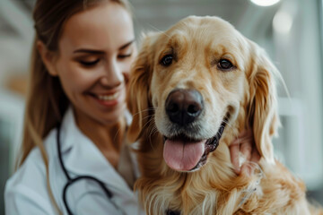 Caring Veterinarian and Golden Retriever: A Heartwarming Visit to the Modern Clinic