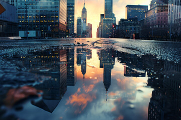 The empire state building is reflected in a puddle of water - Powered by Adobe