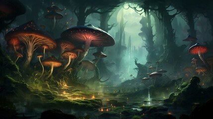 Magical Mushroom Grove In Misty Fantasy Landscape At Twilight. Generative AI