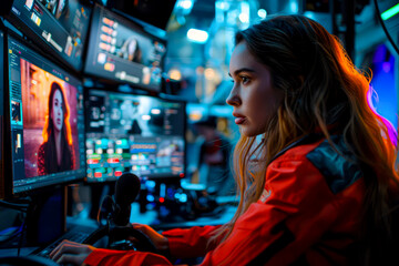 Fototapeta premium Colorful Video Editing: A Young Female Editor Enhances Modern Storytelling in a Vibrant Film Studio