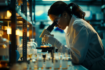 Innovative Biotech Research: Scientist Examines Petri Dish Sample Under Microscope in Leading Pharmaceutical Laboratory