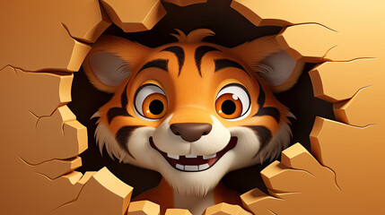 Obraz premium generated illustration of cute Tiger peeking out of a hole in yellow cracked wall, copy space