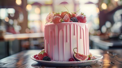   A tight shot of a cake on a plate, adorned with strawberries and a sliced fruit slice atop