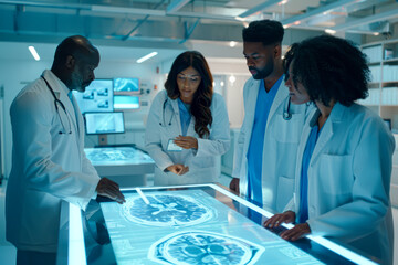 Cutting-edge Brain Tumor Treatment: Doctors Analyzing MRI Scans at Modern Medical Research Center Interactive Touch Screen Table in Focus