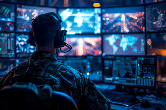 Central Cyber Hub: Military Surveillance Officer Tracking City Operations for National Security and Army Communications