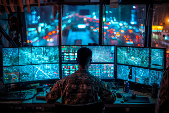 Cyber Command Center: Military Surveillance Officer Monitoring City Operations for National Security and Army Communications
