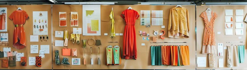 Sustainable Fashion Designer's Studio Wall: Displaying sustainable fashion collections, eco-friendly fabric swatches, and a board with sustainable fashion design concepts