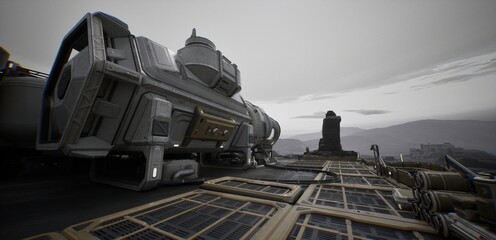 A 3D illustration of a futuristic outpost, showcasing advanced architecture in a desolate landscape under an overcast sky.