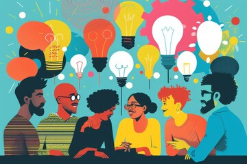Obraz premium Diverse Team Brainstorming Under Hanging Light Bulbs, A colorful illustration of a multicultural team exchanging ideas in a professional environment
