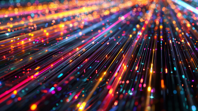 An abstract representation of a high-speed data network with streams of multicolored lines.