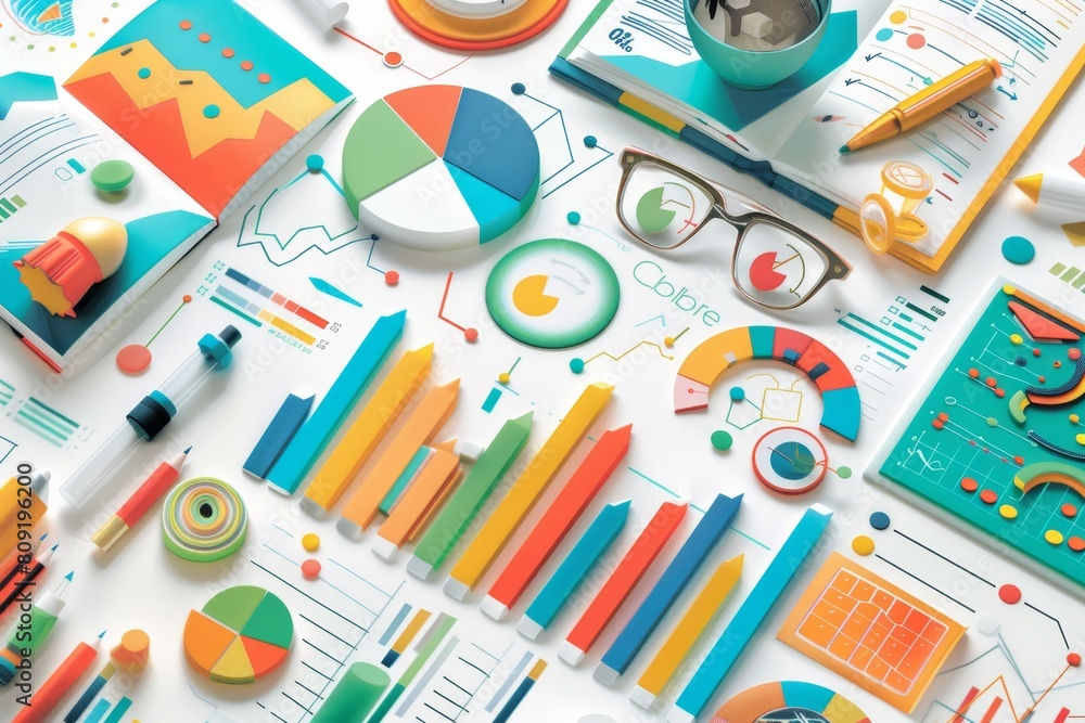 Poster a table showcasing an array of vibrant and diverse items in a colorful display, a colorful infograph