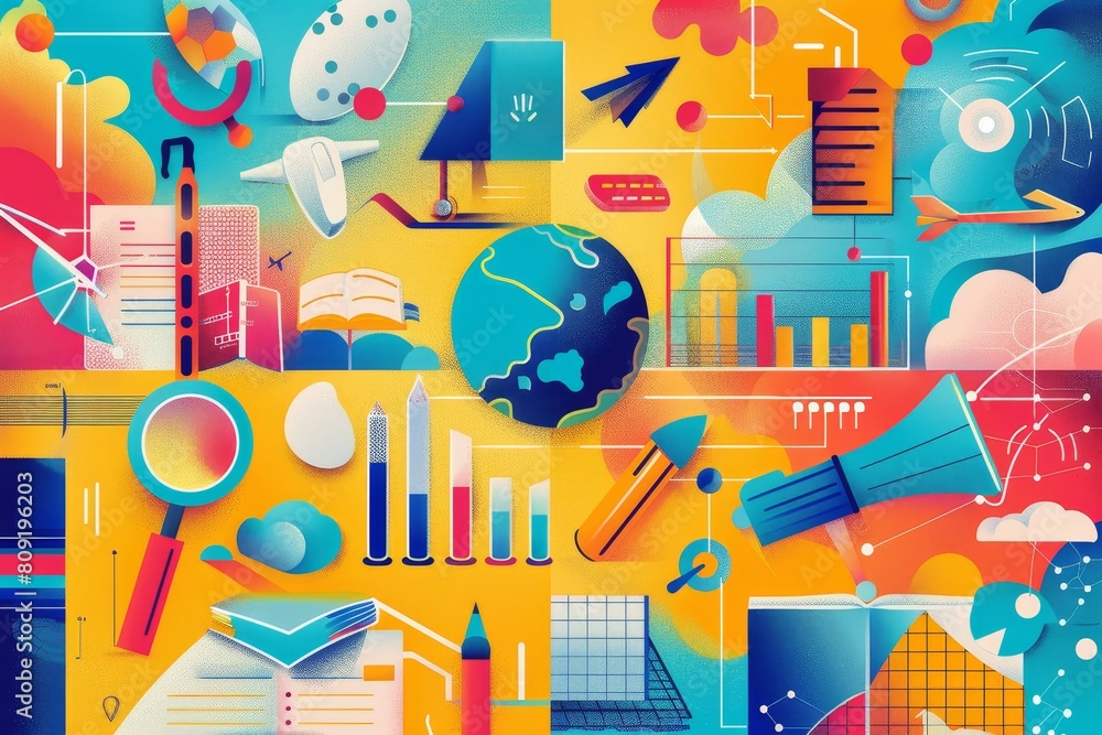Poster colorful background with various unique objects painted in a dynamic style, a colorful infographic i