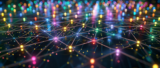 An array of digital nodes connected by colorful, electric strands in a mesmerizing abstract pattern.